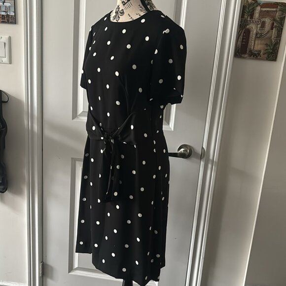 Ann Taylor Size 6 Women's Short Sleeve Polka Dot Black Shift Dress Tie Waist - Picture 7 of 8